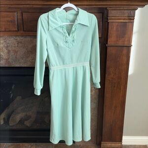 Vintage mint green 60s 70s hippie boho cottagecore mod pointelle dress est M